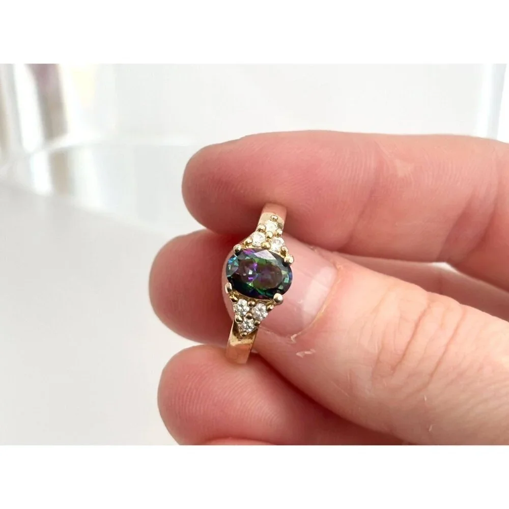 Mystic Topaz Triple CZ Gold Plated 925 Sterling Silver Vintage Ring - sz 7